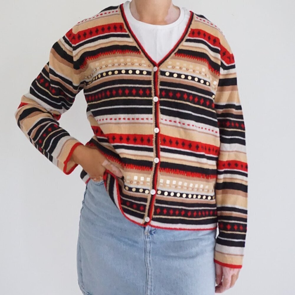 St Johns Bay Tan Red Striped Knit Button Cardigan Classic Preppy Grandmacore L